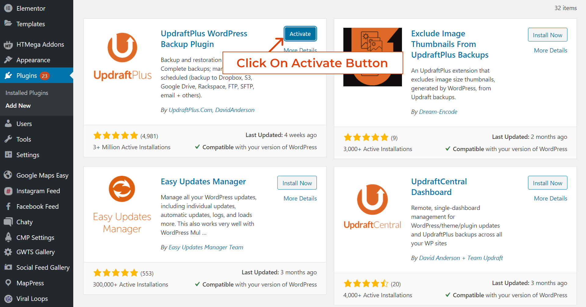 Activate updraftplus plugin