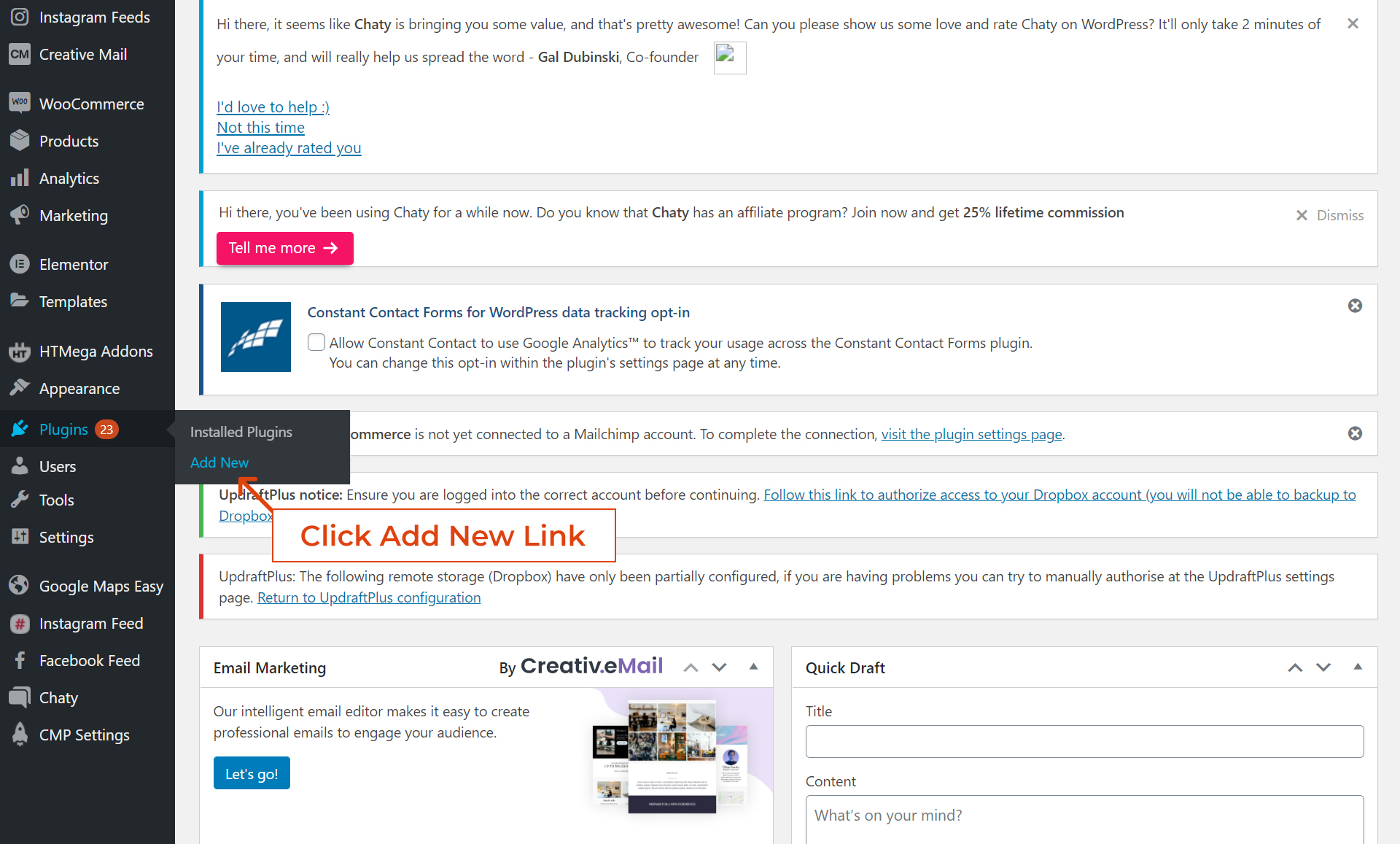 Click on add new link to install backup plugin