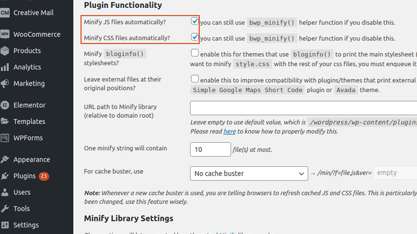 Click on minify JS and minify css
