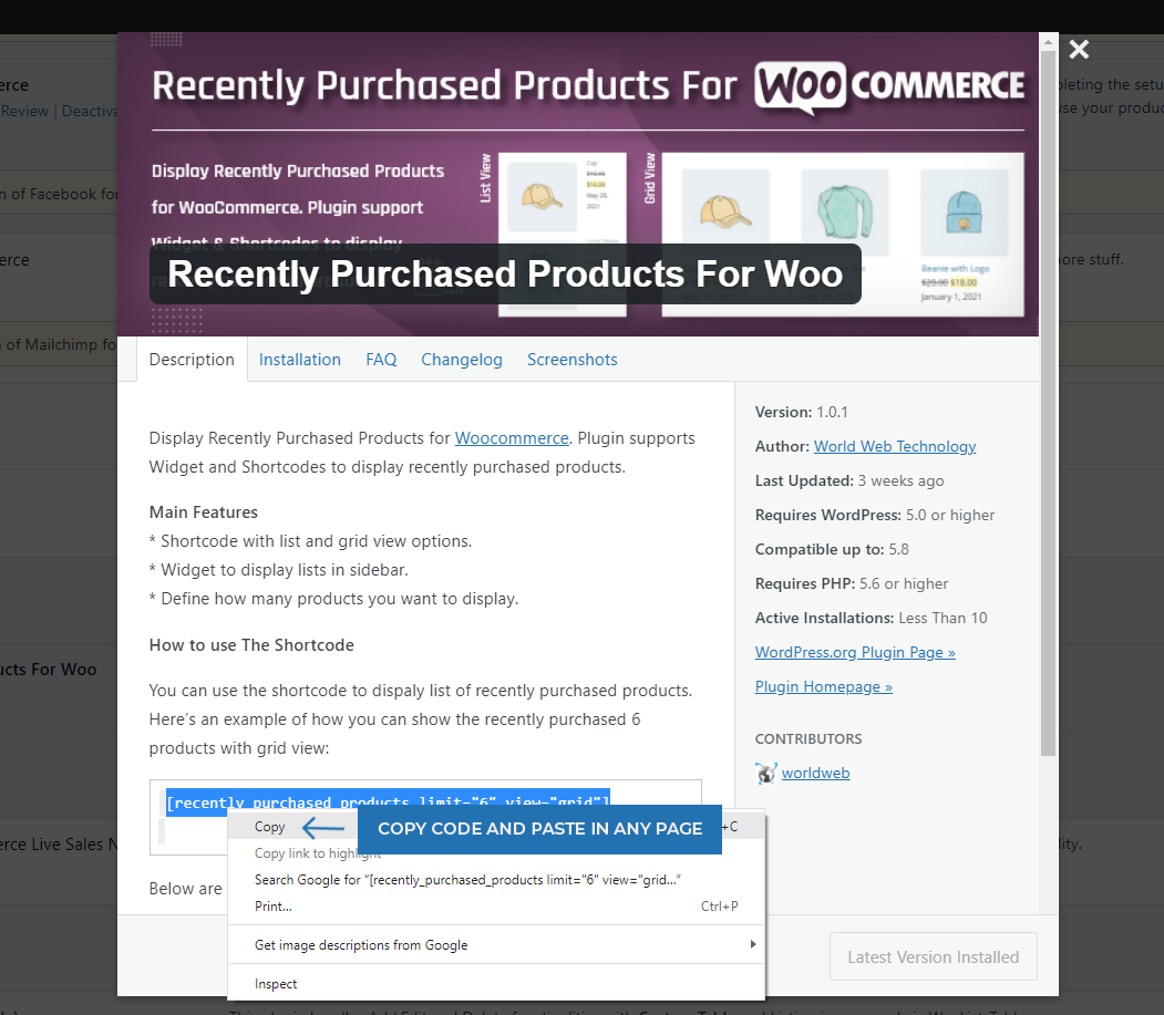 copy the recently purchased products for woo code