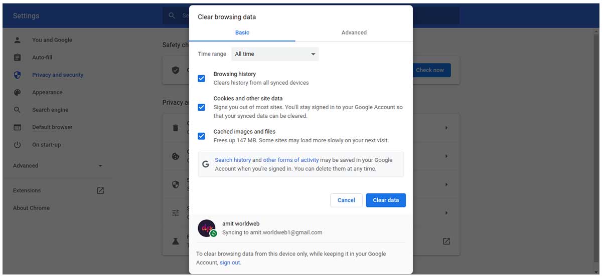 Clearing browsing data on chrome