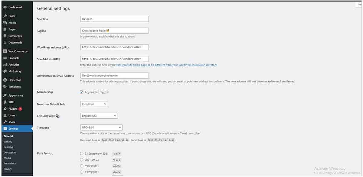 Click in settings button on WordPress dashboard