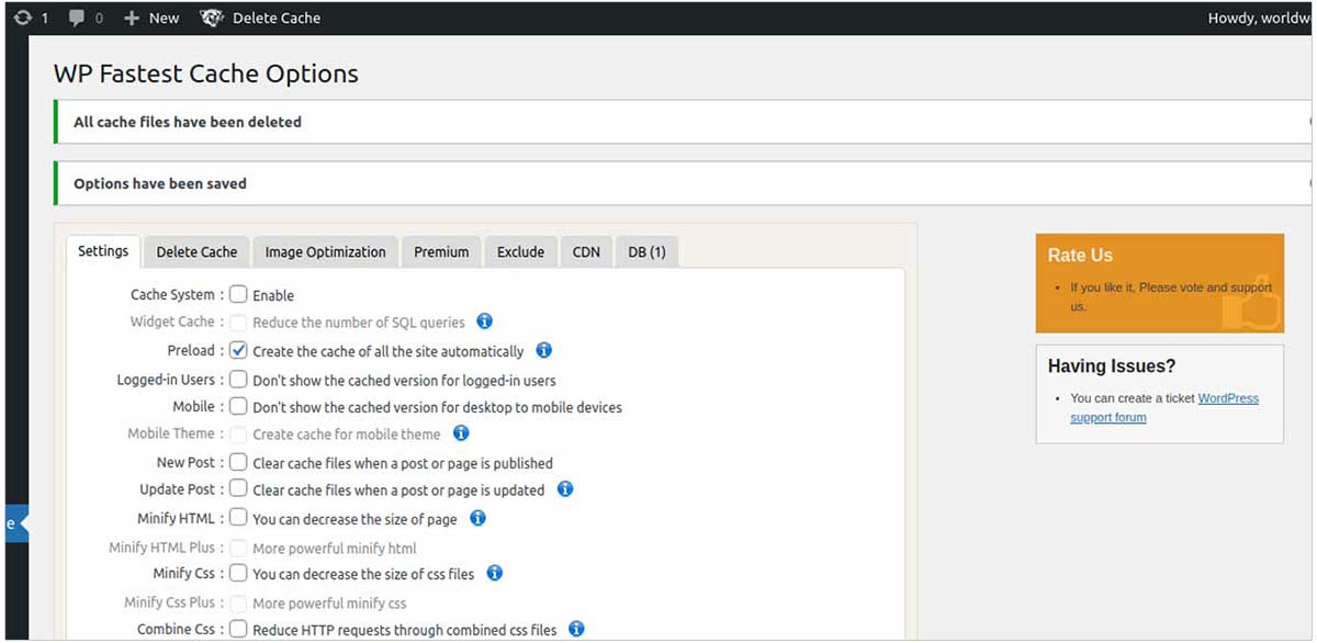 WP fastest cache options