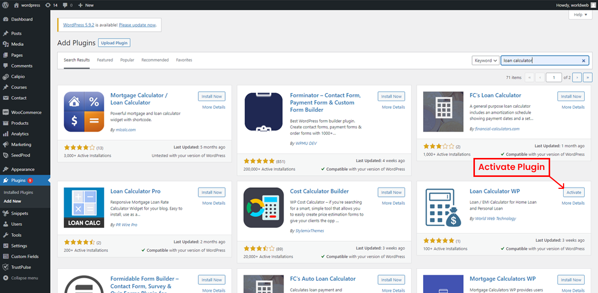 Activate the loan calculator plugin