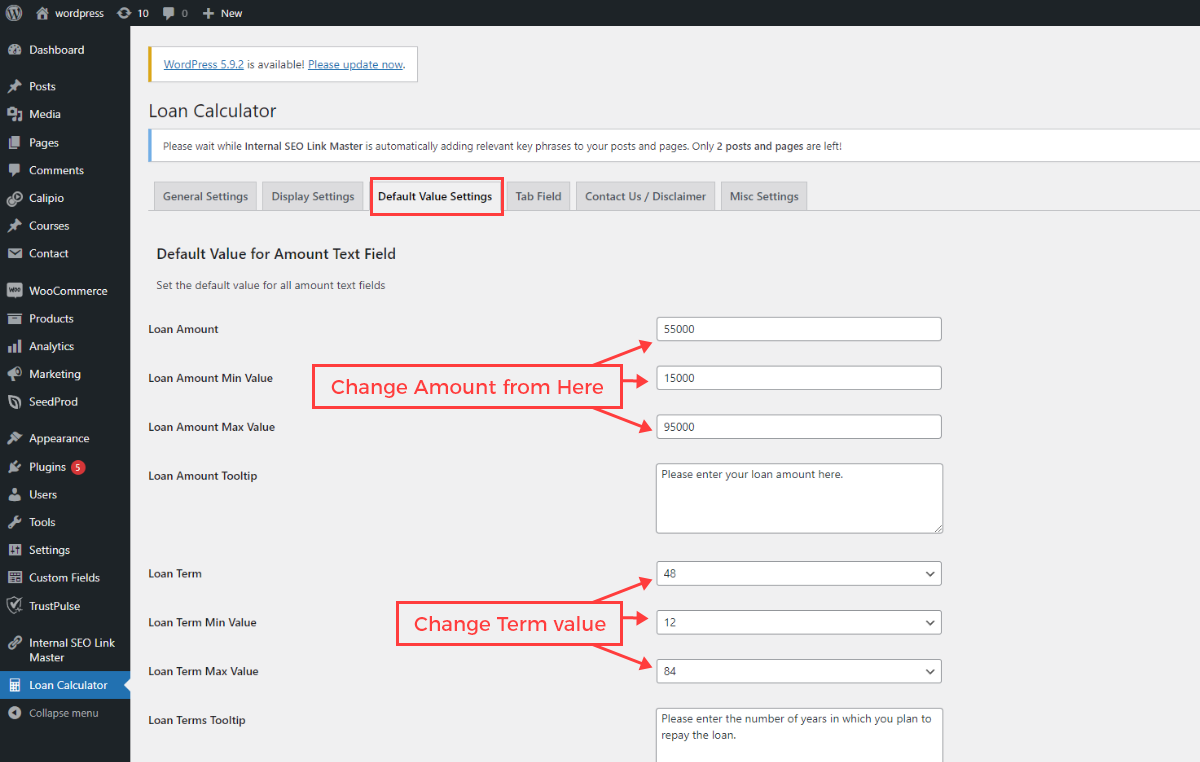 Click on default value settings